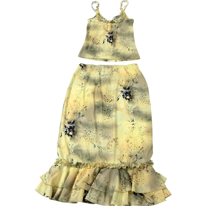 Fashion Women's V-Neck Low-Cut Camisole with Ruffle Edge Floral Print Skirt Set 19
