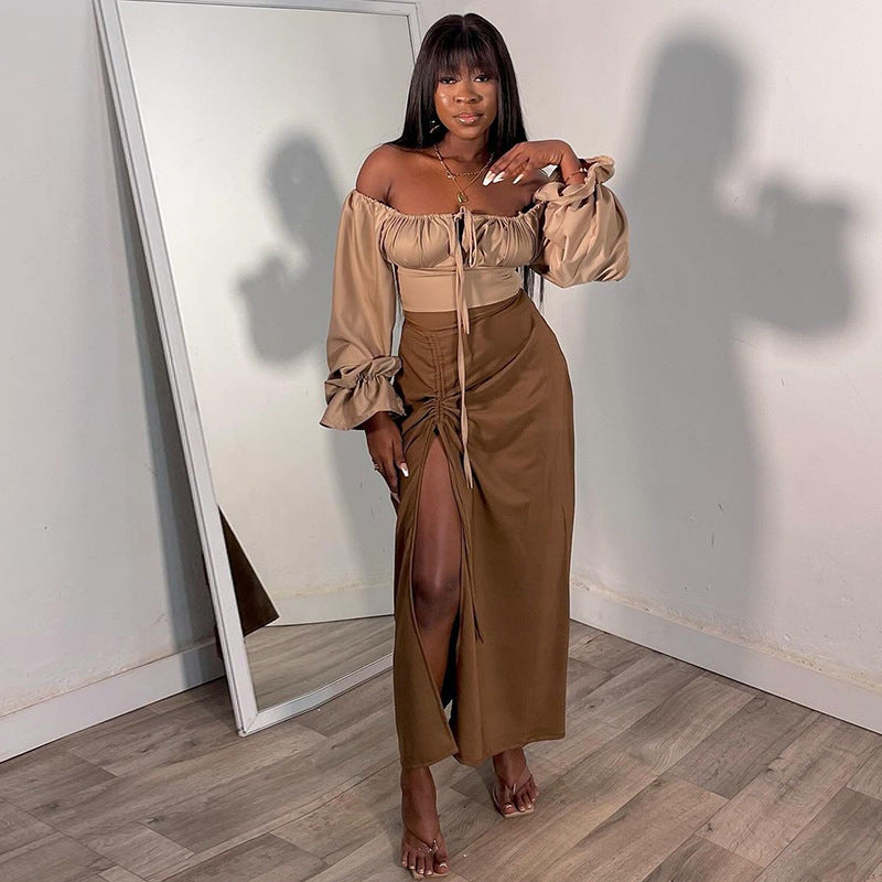 Women's Spring Fashion Square Neck Bell Bottom Sleeve Cropped Top Slit Skirt Two Piece Set 6