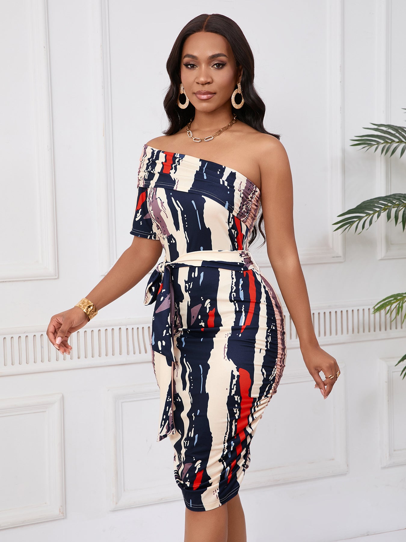 Women's Fashion Elegant Color Block Print Bodycon Dress 4