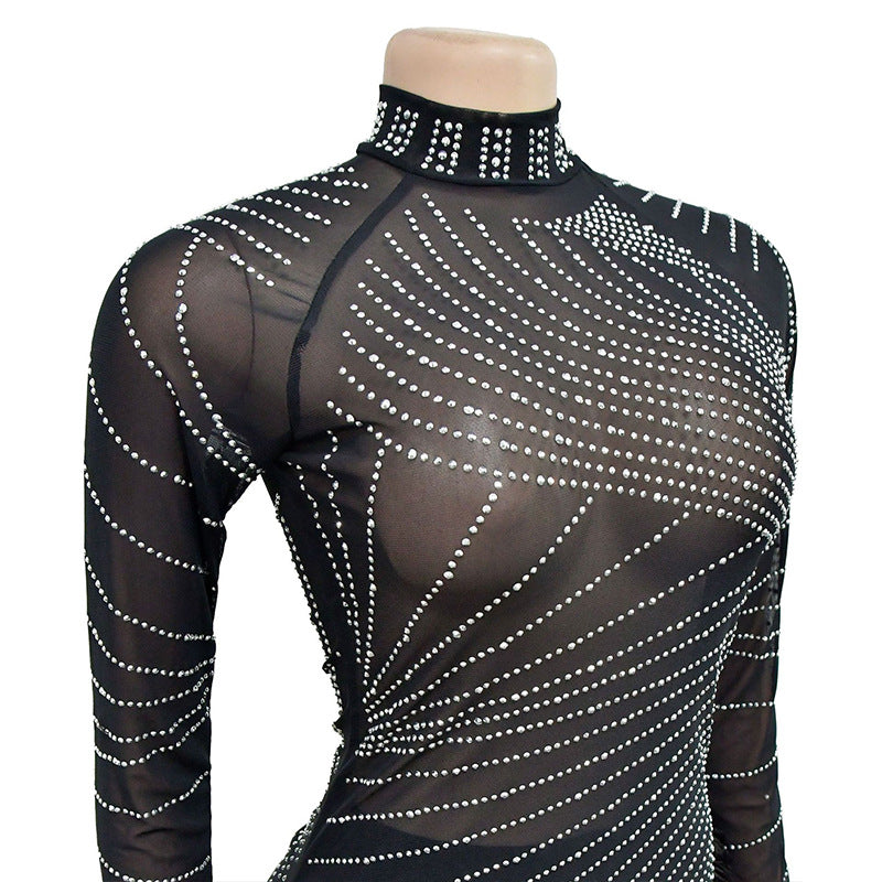 Spring Summer Women's Long-Sleeved Short Solid Color Beaded Mesh Feather Dress 6