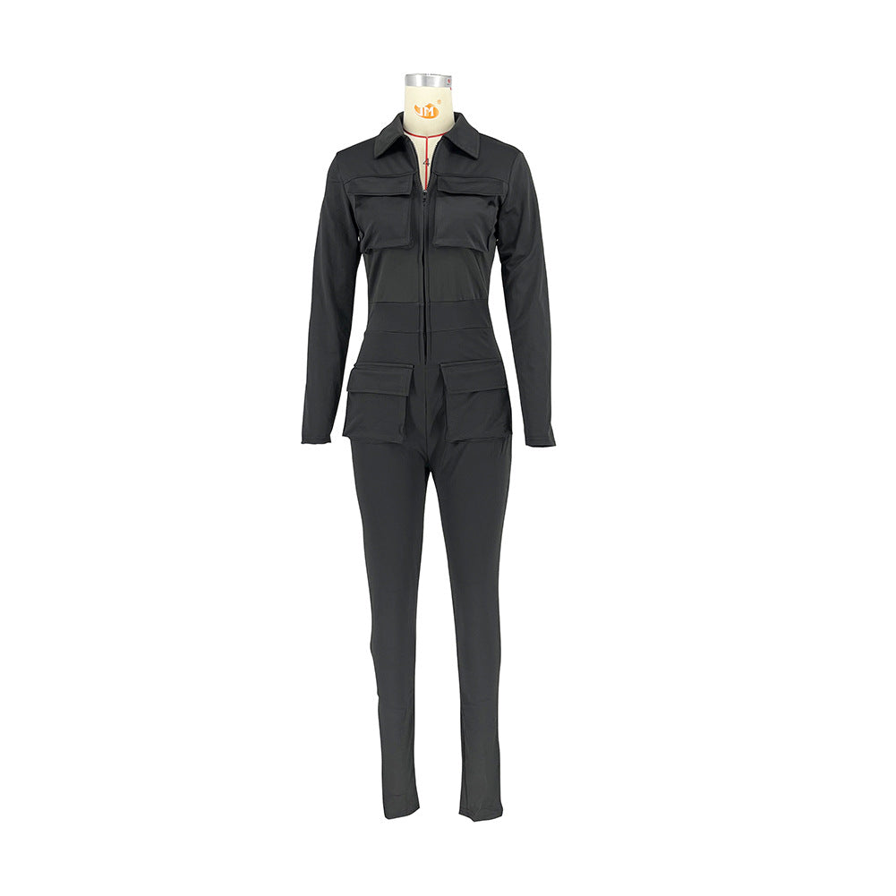 Women's Fall/Winter Solid Color Zip Pocket Cargo Jumpsuit 17