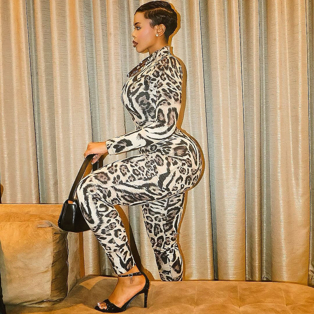 Autumn Women's Fashion Leopard Print Semi-High Neck Sexy Tight Fitting Jumpsuit 7