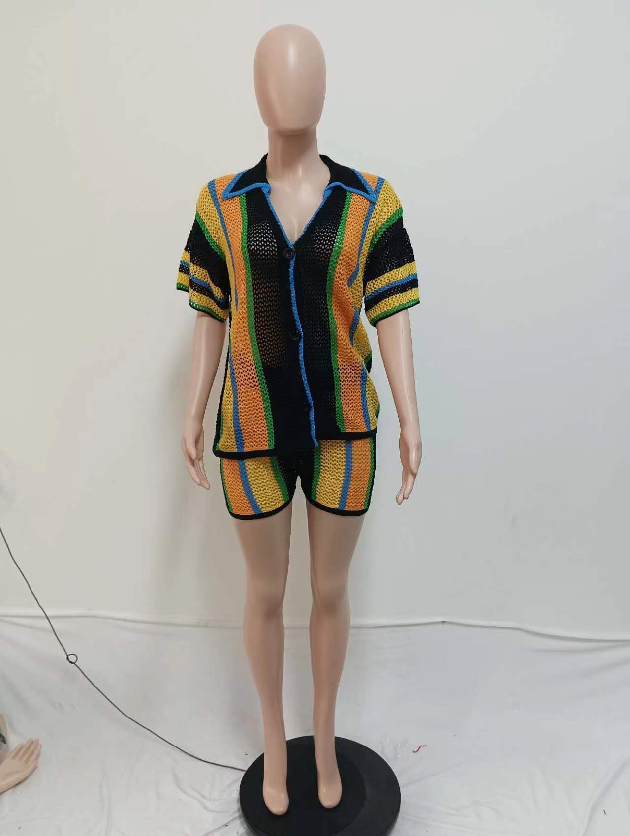 Women's Sexy Hollow See-Through Turndown Collar Knitting Two Piece Shorts Set 21