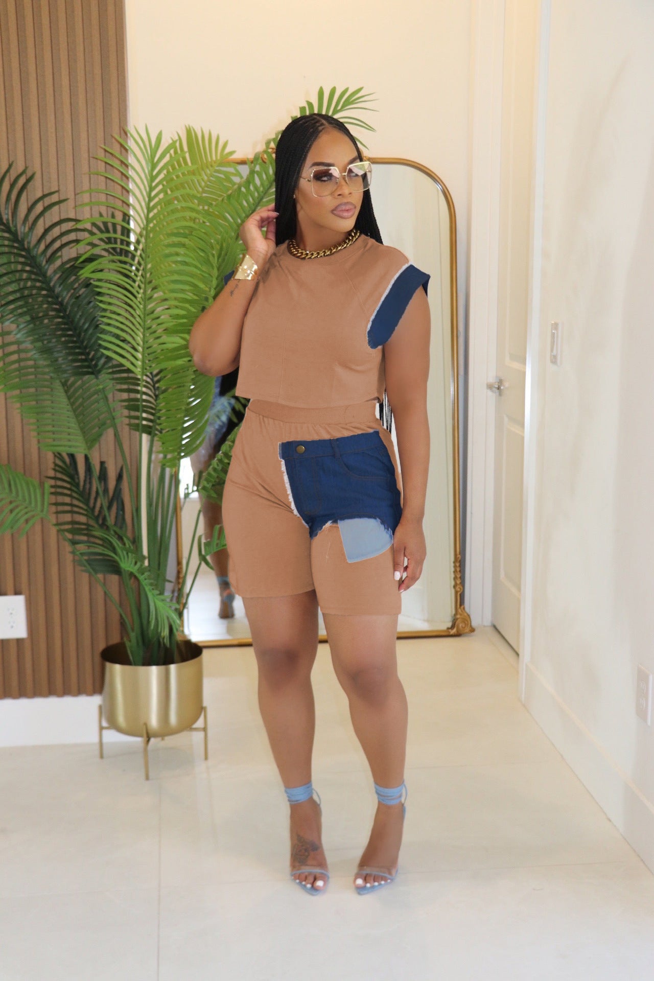 Women Casual Denim Patchwork Short-sleeved Top and Shorts Two-piece Set 11