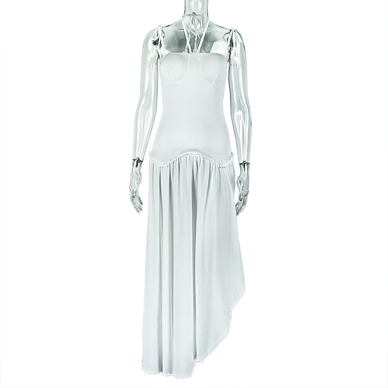 Solid Color slim women's pleated Low Back Halter Neck A-line long dress 9