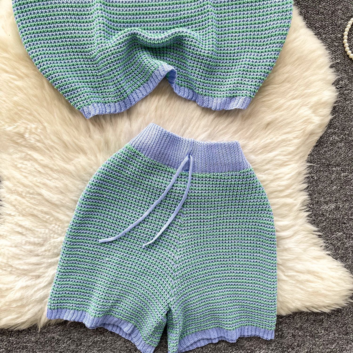 Women's Summer Turndown Collar Short Sleeve Hollow Knitting Top Tight Fitting Shorts Fashion Two Piece Set 10