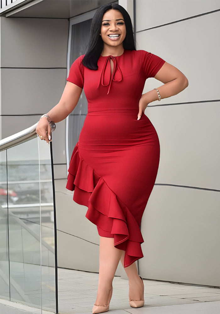 fashion Plus Size women's sexy Casual tie neck ruffle bodycon dress