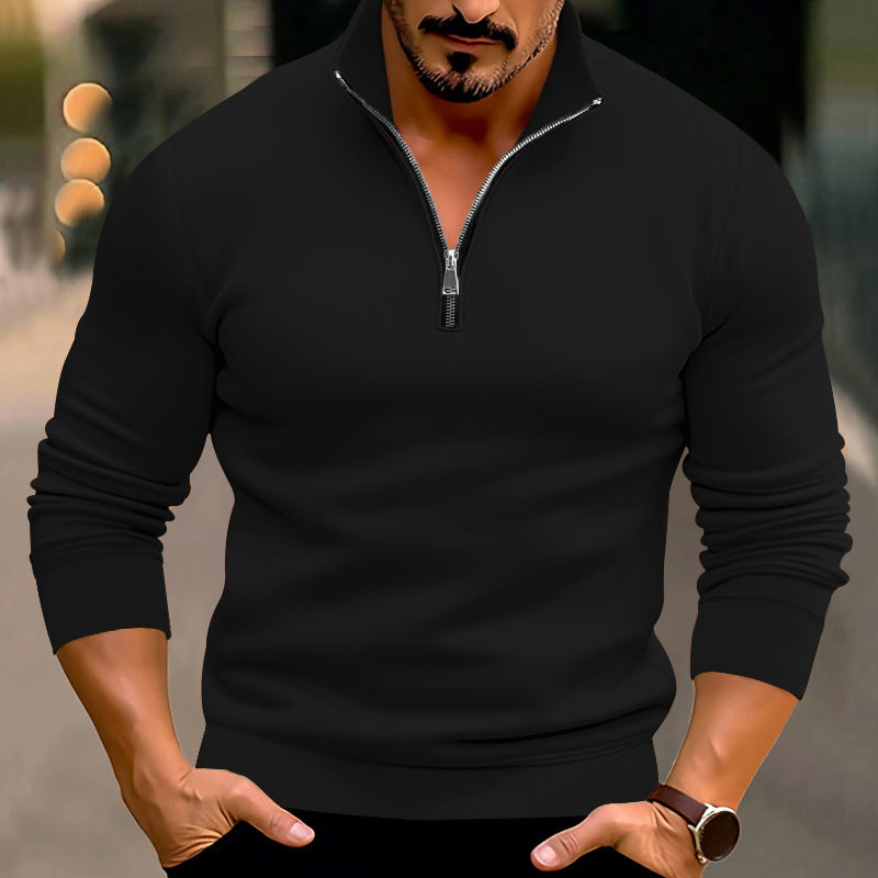 Spring And Winter Men's Casual Solid Color Long-Sleeved Zip Stand Collar T-Shirt Tops For Men 5