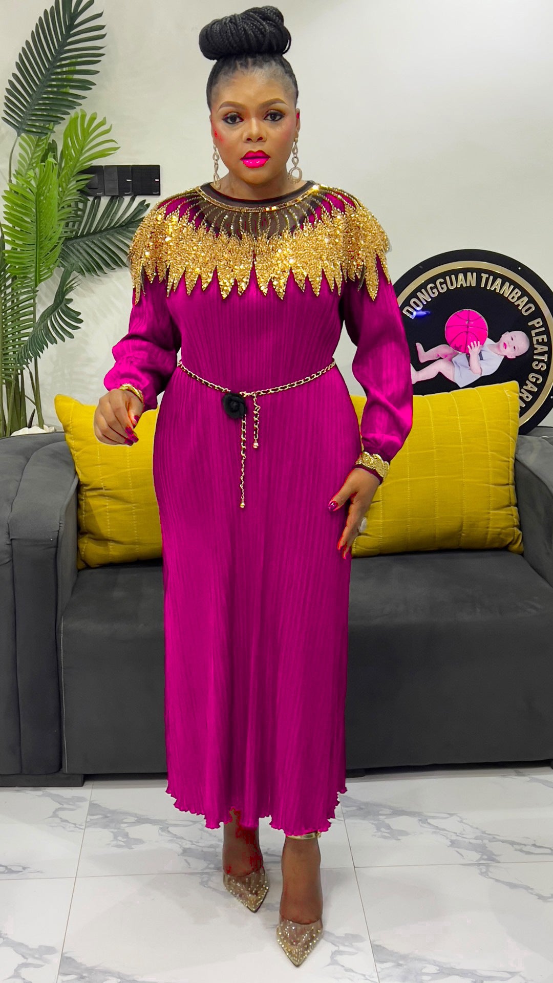 Luxury Sequin Cape Patch Slim Waist Pleated Loose Long Dress 4