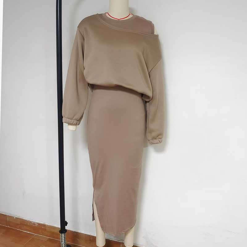 Autumn Loose Off Shoulder Bat Sleeves Top Long Skirt Two Piece Set For Women 23