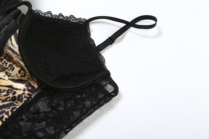 Women Sexy Backless See-Through Lace Leopard Patchwork Suspender Mini Dress 6