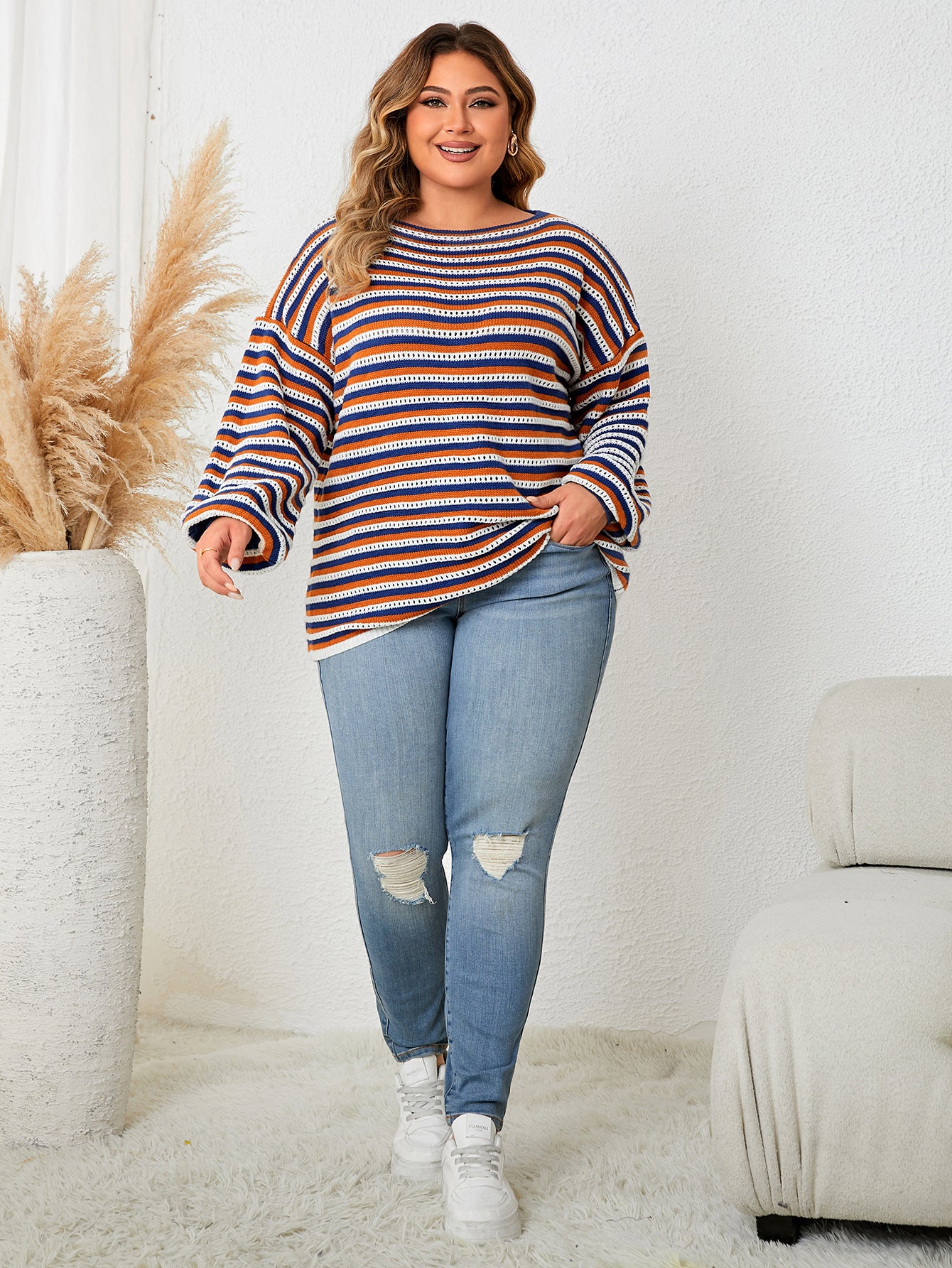 Plus Size Women Striped Loose Round Neck Top 3