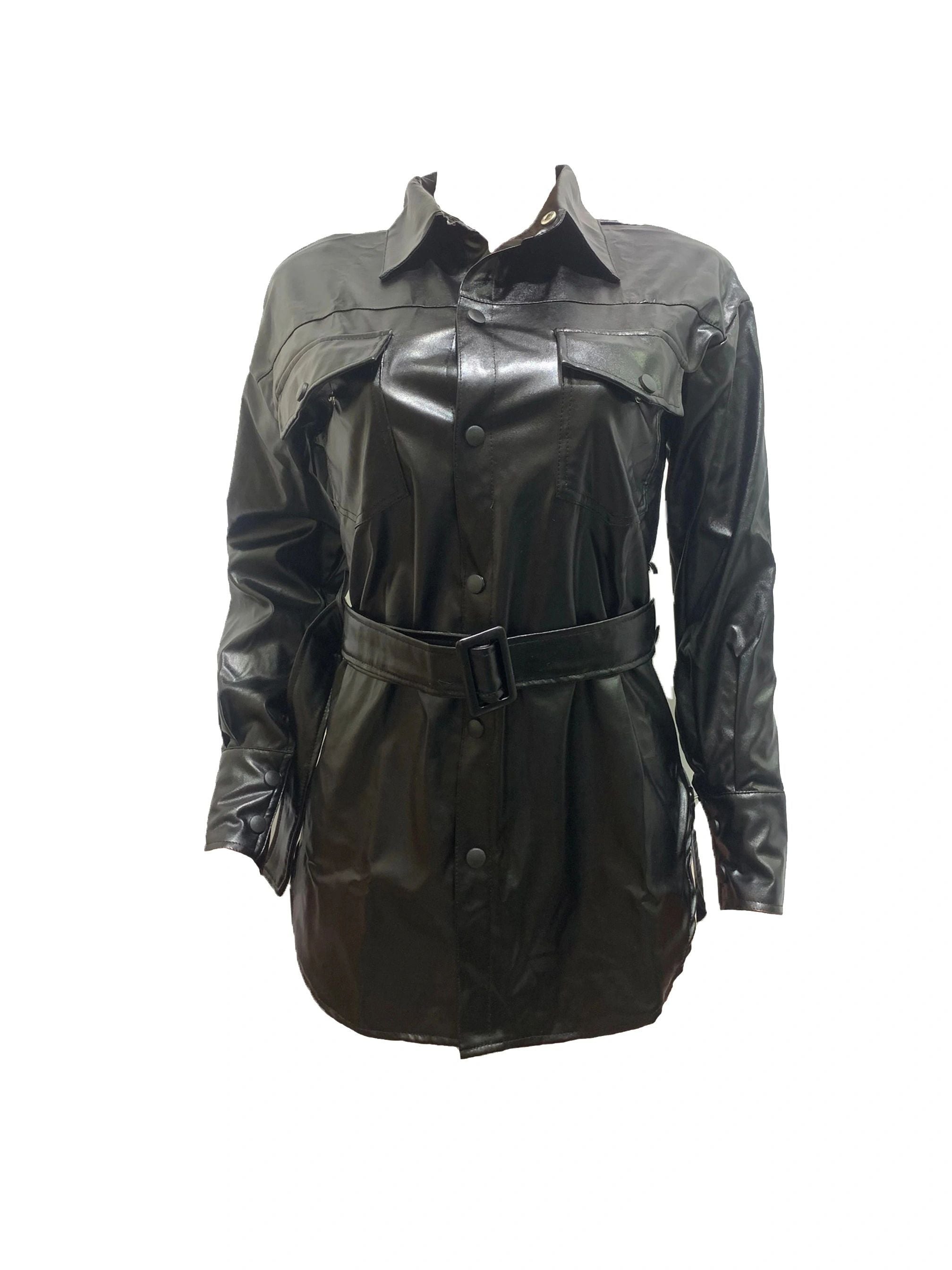 Fashionable Women's Button Belt Pu Leather Women's Top 4