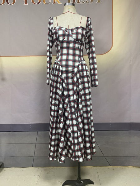 Women Autumn U-neck Plaid Long Sleeve Belt Dress 6