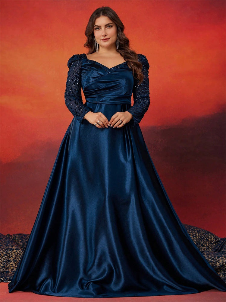 Plus Size Women Sequin Patchwork V-neck Long Sleeve Evening Dress 6