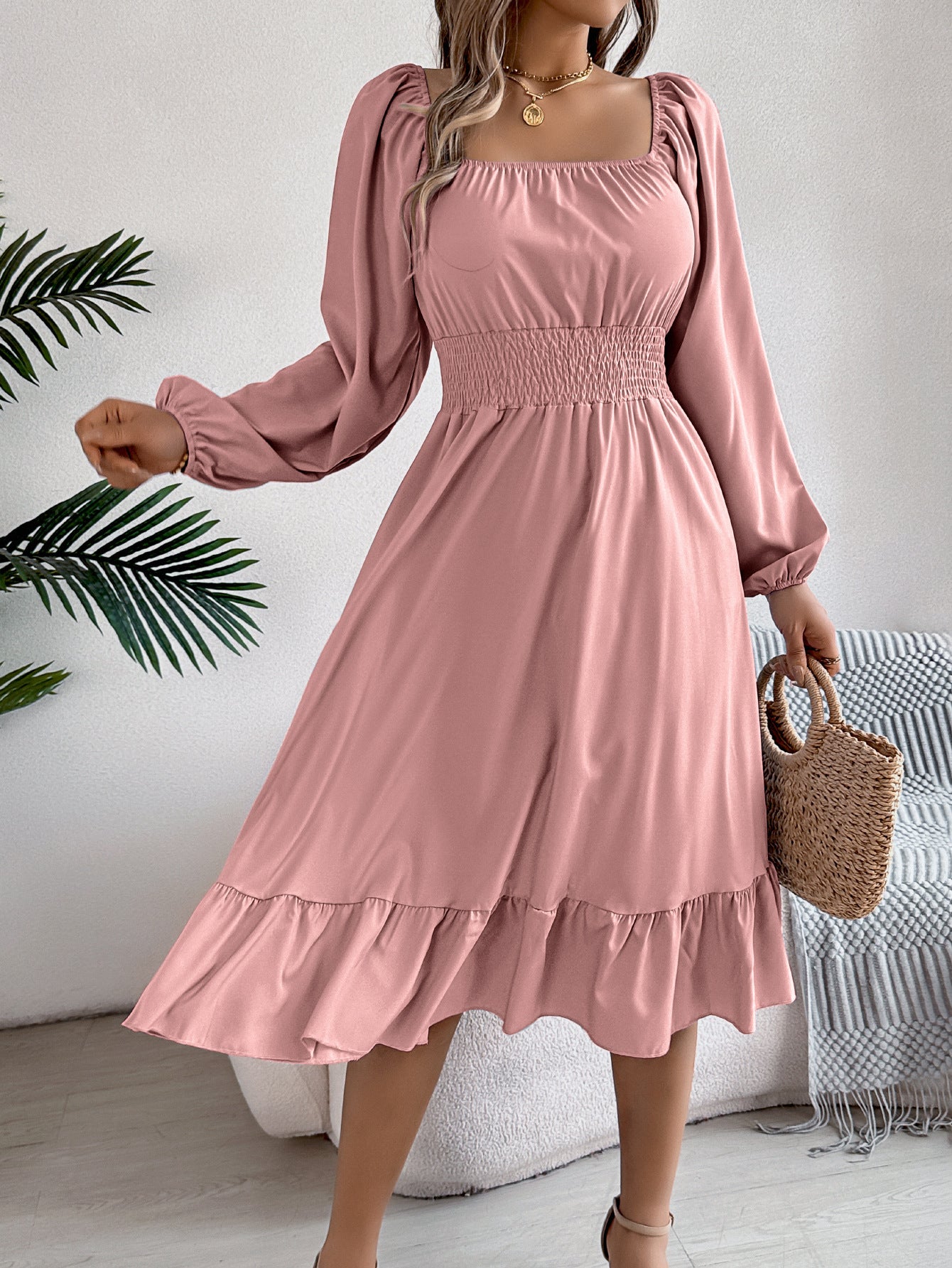 Women Spring and Summer Casual Solid Square Neck Long Sleeve Ruffle Dress 10
