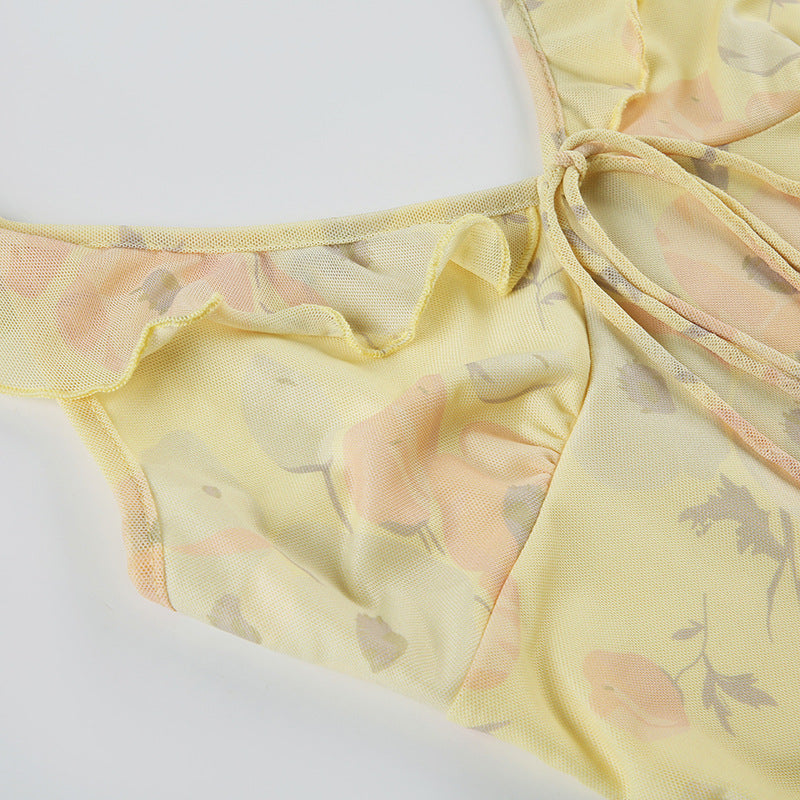 Chic Holidays Floral Strap Ruffle Sexy Flying Sleeve Long Dress 16