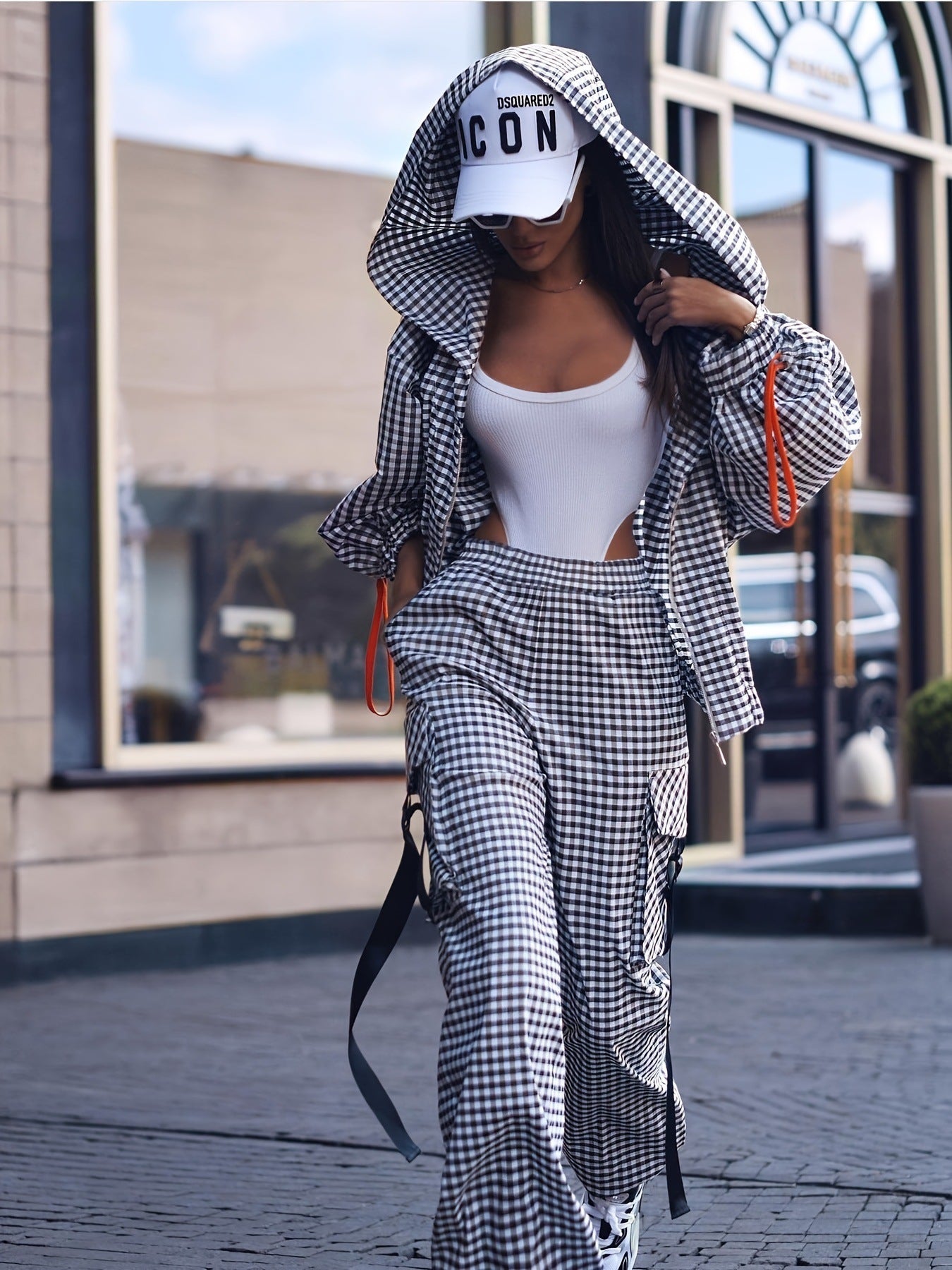 Spring Autumn Women's Fashion Casual Checkered Pocket Hooded Loose Two-Piece Pants Set 5