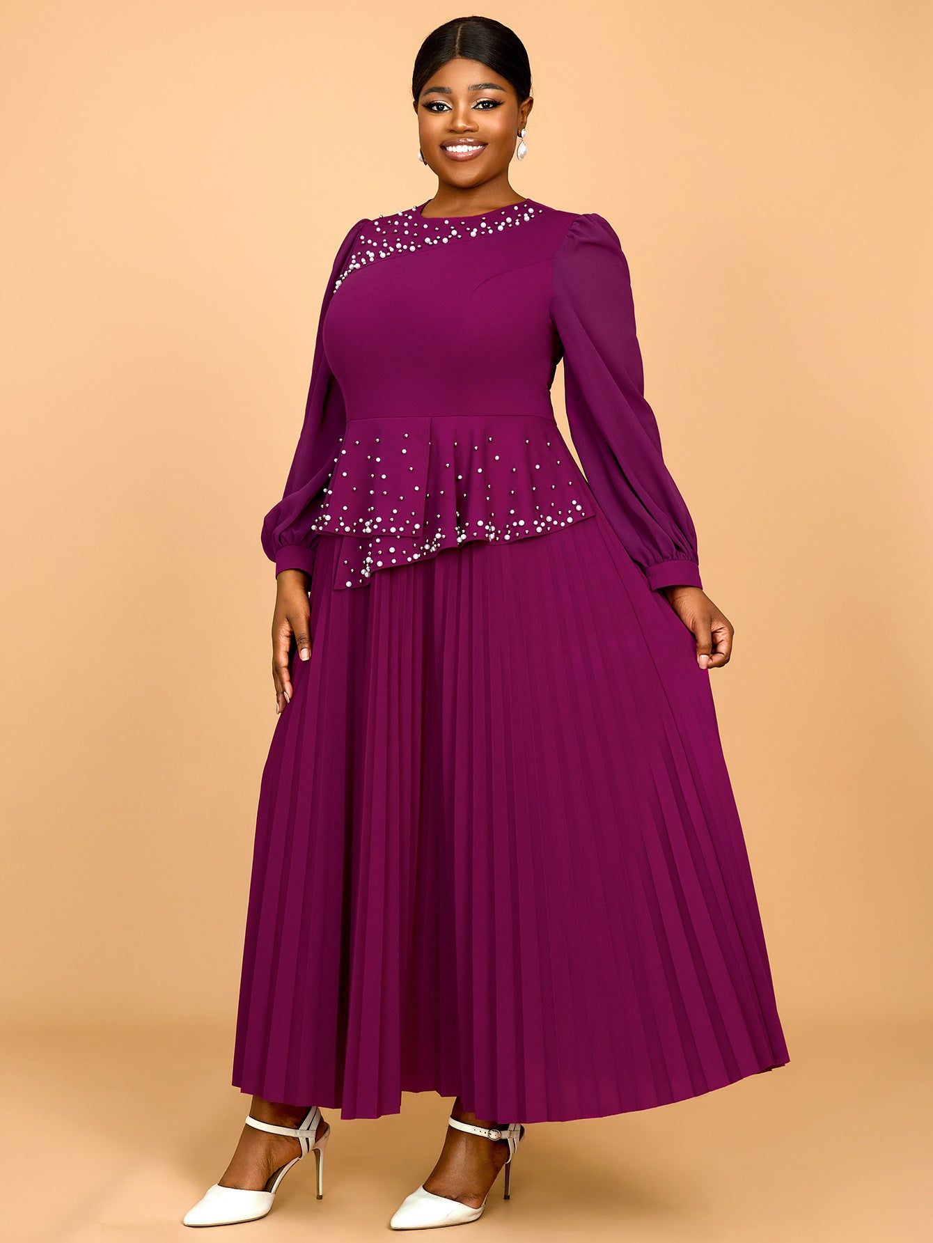 Plus Size Ruffle Elegant Round Neck Beaded Pleated Party Dress 4