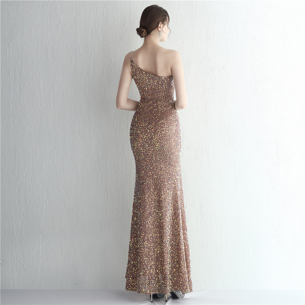Women Sequined One Shoulder Strap Formal Party Slit Mermaid Evening Dress 13