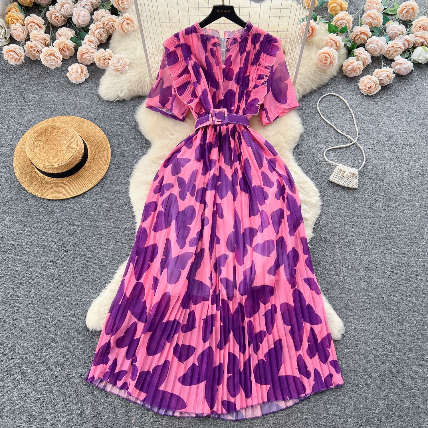 Women summer pleated floral Maxi Dress 3