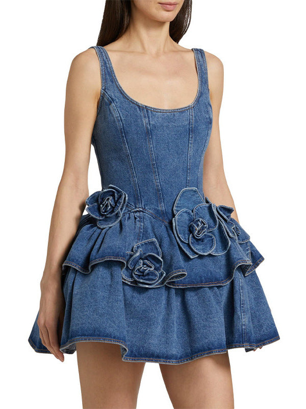 Autumn Women's Floral Layered Casual Style Denim Strap Dress 7