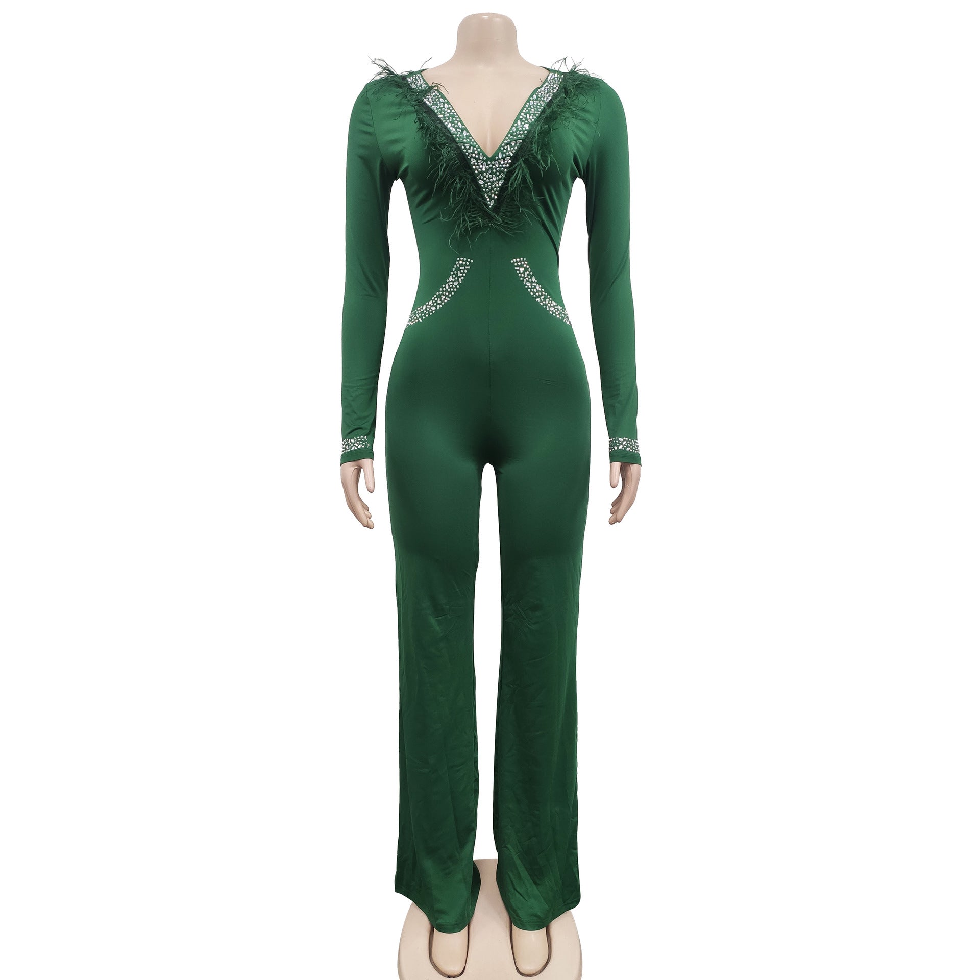 Women'S Fashion Feather Patchwork Beaded V-Neck Long Sleeve One Peice Trousers Sexy Ladies Jumpsuit 25