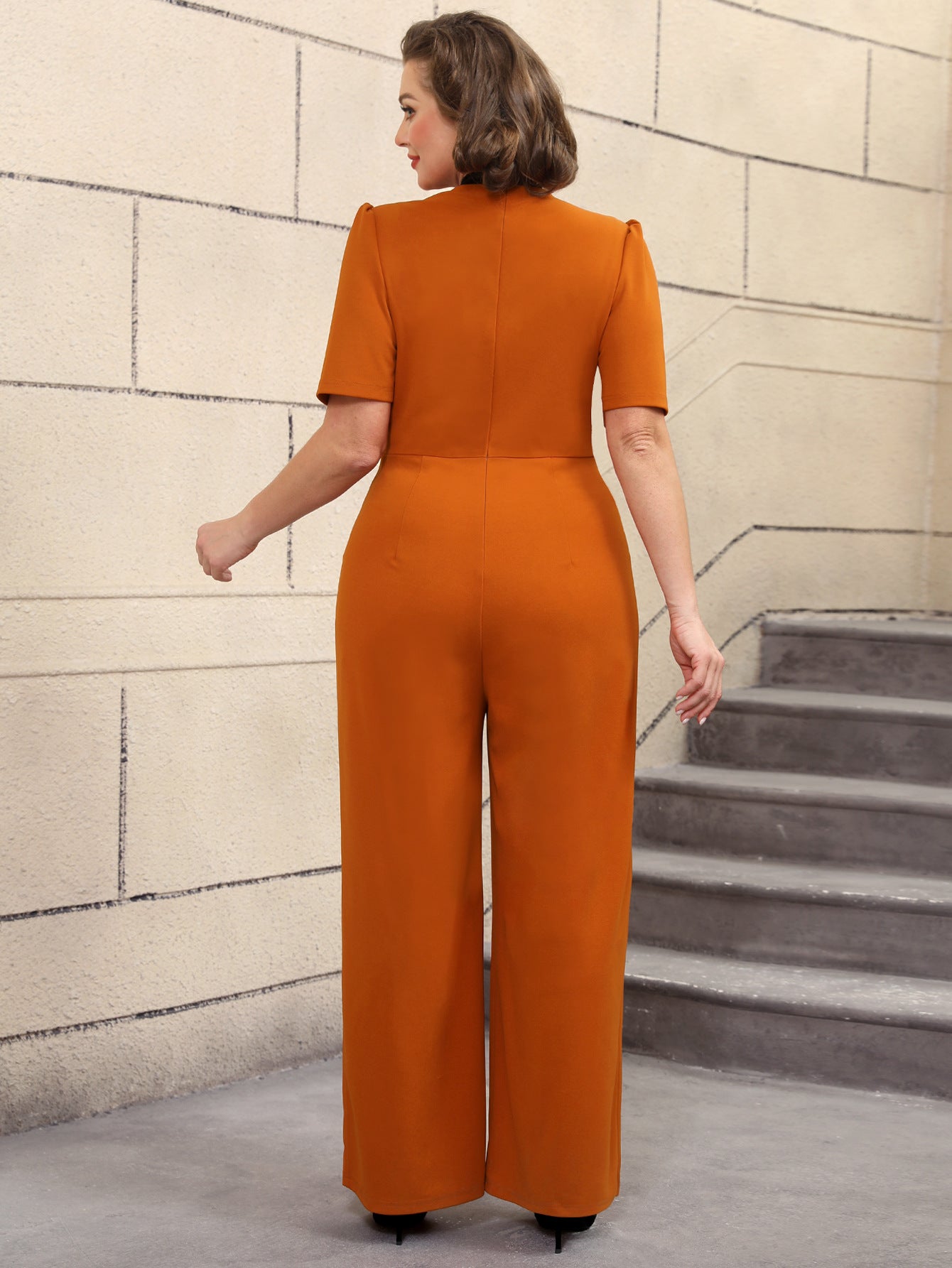 Plus Size V-Neck Pleated Color-Matching Slim Waist Elegant Wide-Leg Jumpsuit 3