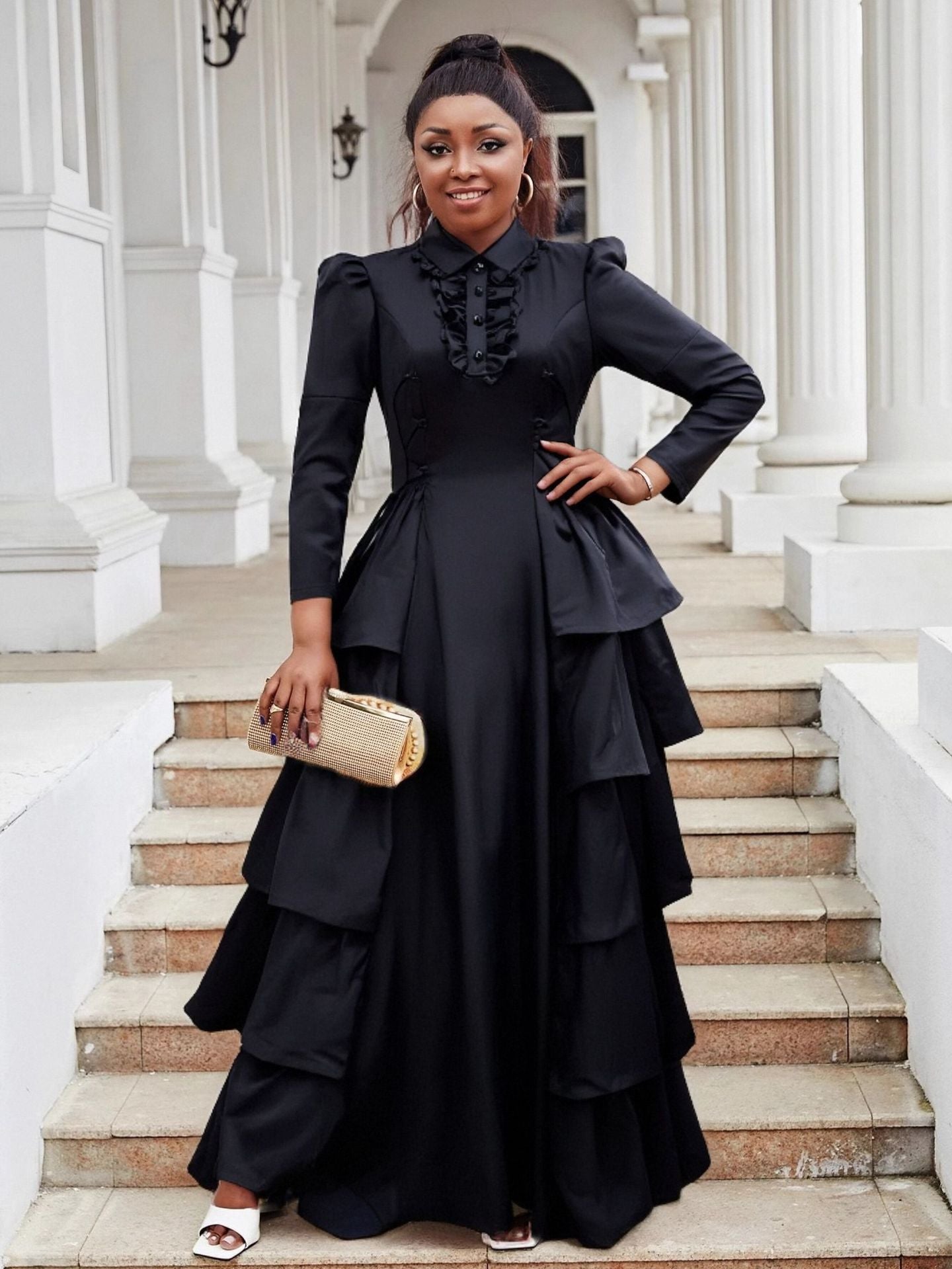 Black Ruffled Plus Size Long Cake Dress