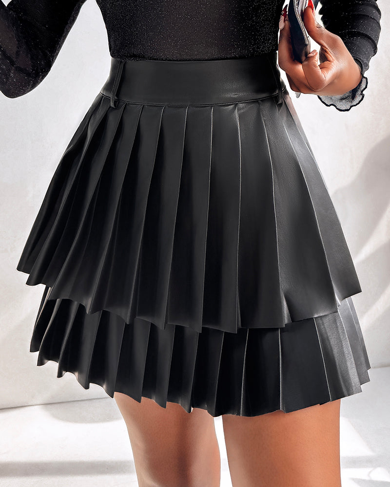 Women's High Waist Double Pleated Pu Leather Skirt 6