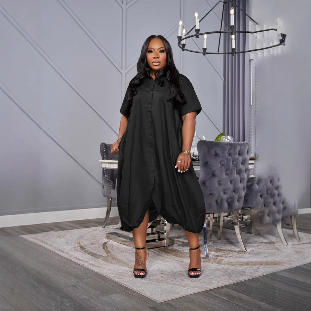Summer Plus Size Solid Color Short-Sleeve Loose Dress