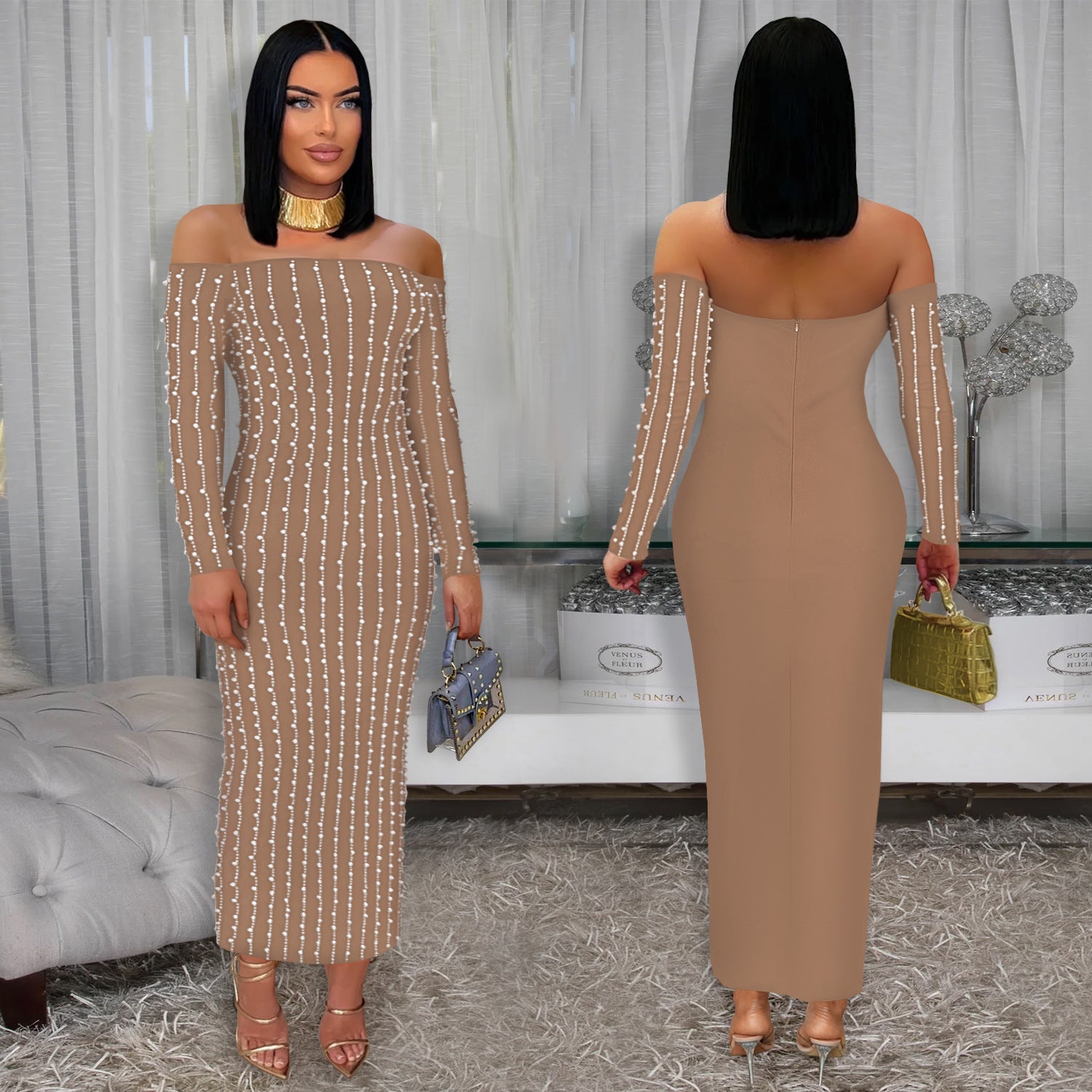 Fashion Women's Elegant Long-Sleeve Off Shoulder Rhinestone Bodycon Dress 6