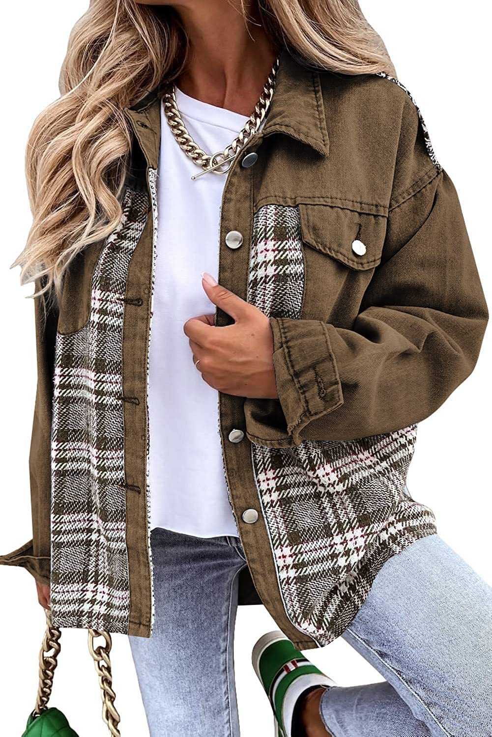 Autumn And Winter Denim Jacket Long Sleeve Plaid Buttoned Shirt Top 14