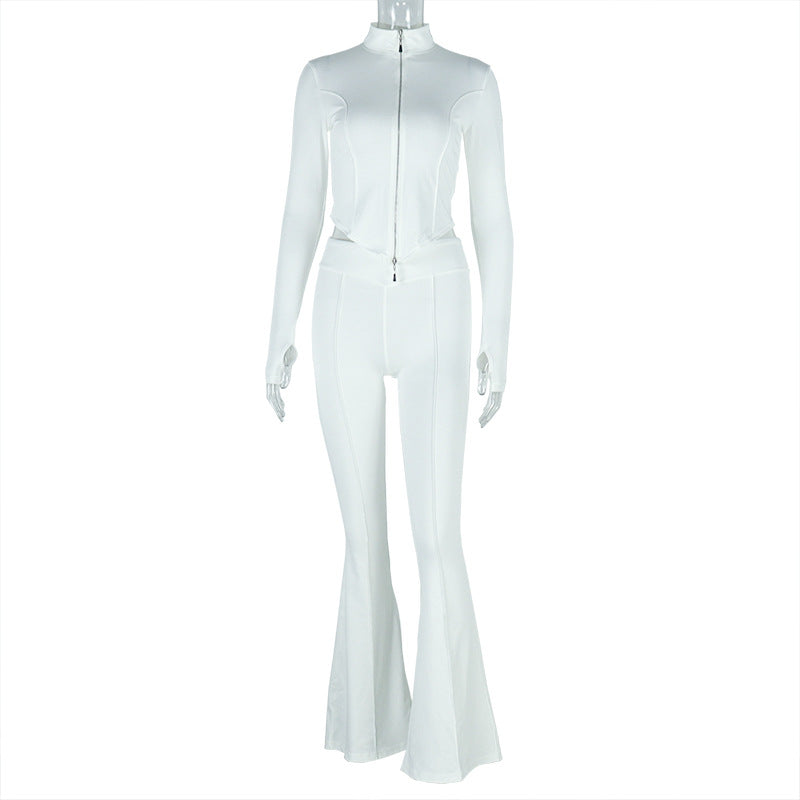 Women Pleated Zipper Solid Long Sleeve Stand Collar Crop Top and Long PantsTwo Piece Set 11