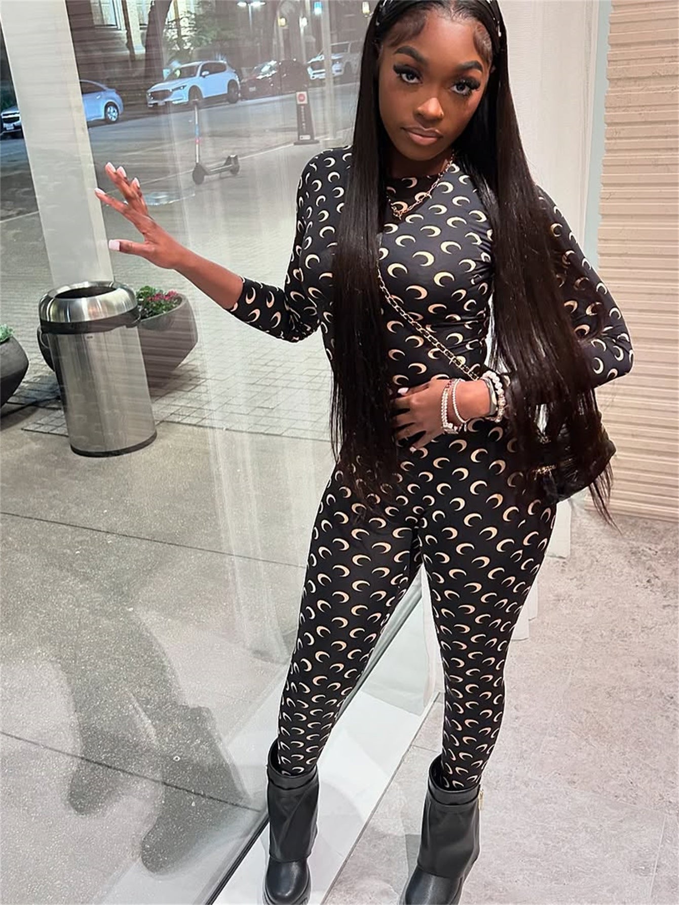 Fashion Printed Tight slim Long Sleeve Two Piece Pants Set 5