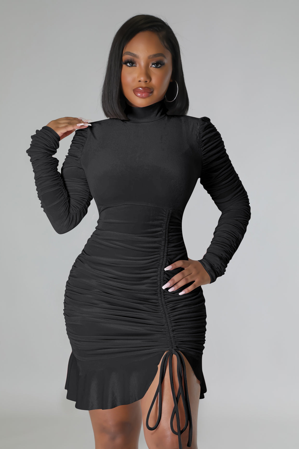 Women Velvet Stand Collar Long Sleeve Pleated Ruffle Dress 3