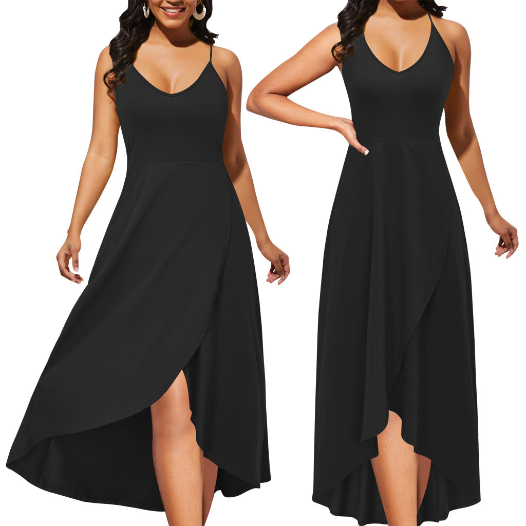 Women sexy solid color v-neck suspenders slit dress