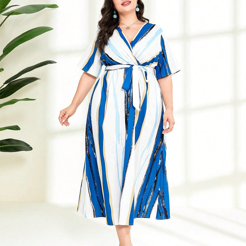 Plus Size Women's Spring Summer Fashion Color Block Striped Printed Lace Sexy V-Neck Short Sleeve Dress 4