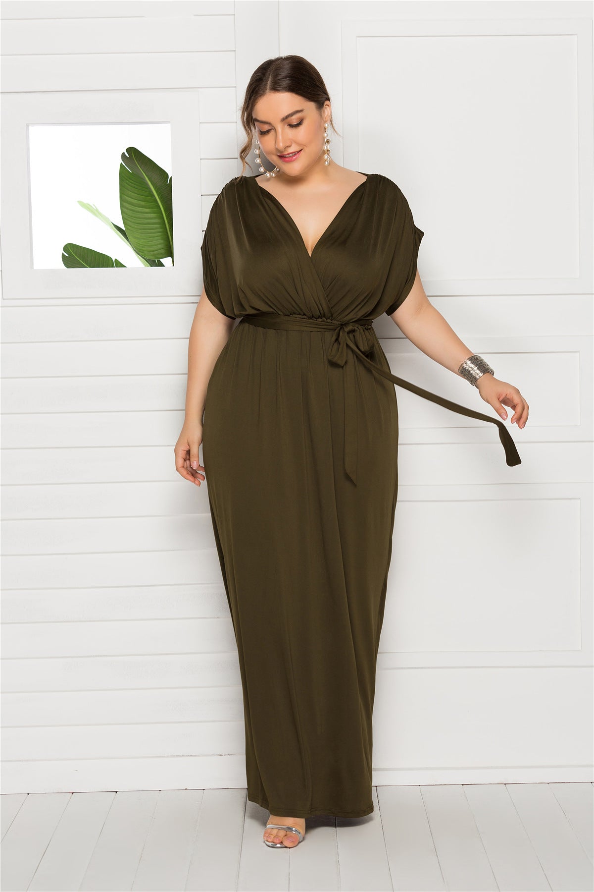 Plus Size Women'S Sexy Solid Color V-Neck Loose Swing Dress 7