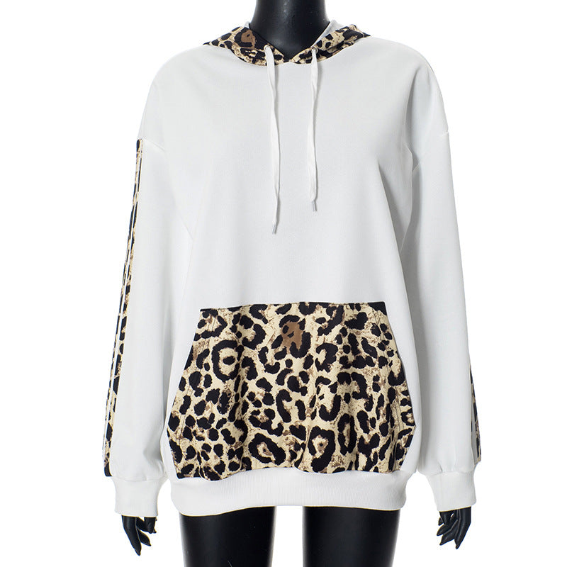 Women Leopard Patchwork Drawstring Pocket Loose Casual Hoodies 9