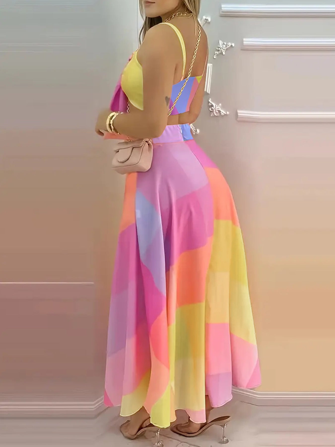 Sexy strap lace-up geometric print zippered skirt and crop top beach set