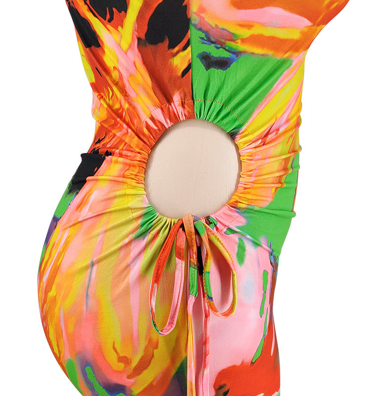 Plus Size Women's Summer Sexy Printed Strap Low Back Slim Dress 23