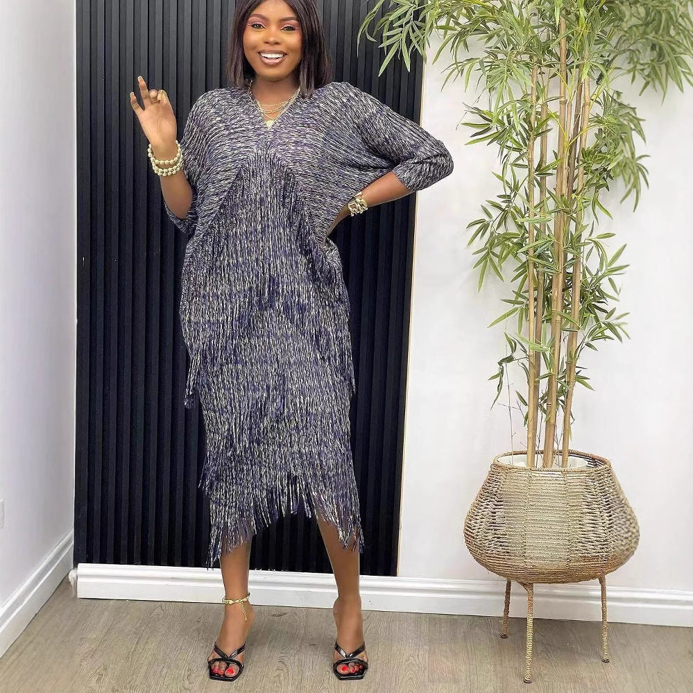 Plus Size African Women v-neck Bat Sleeves Shiny tassel elegant dress 5