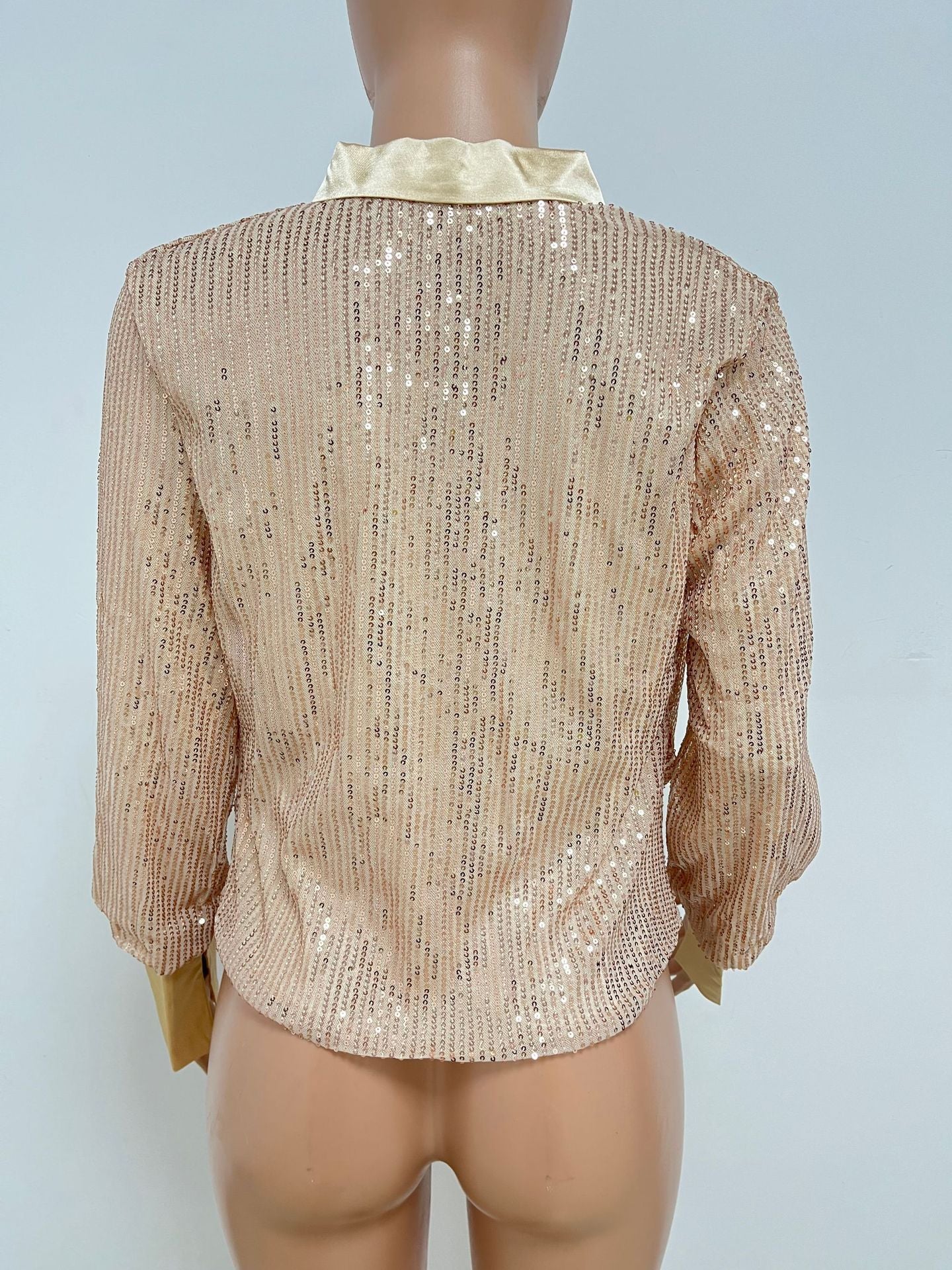 Women's Deep V Pleated Loose Ladies Chic Sequin Long Sleeve Shirt 30