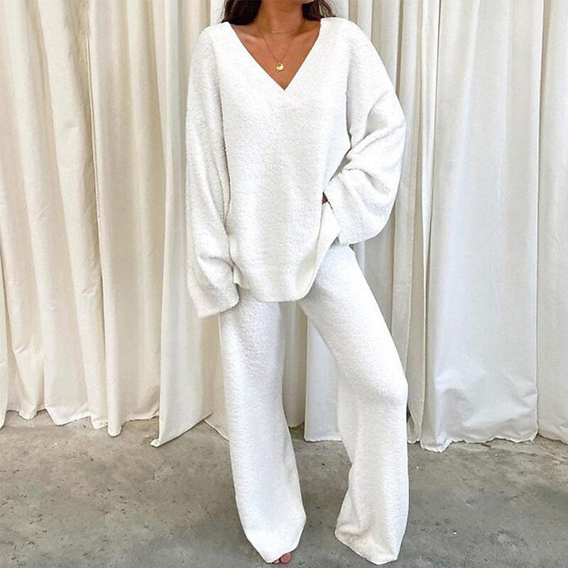 Winter Comfortable Solid Color V-Neck Casual Homewear Warm Two-Piece Pants Set 7
