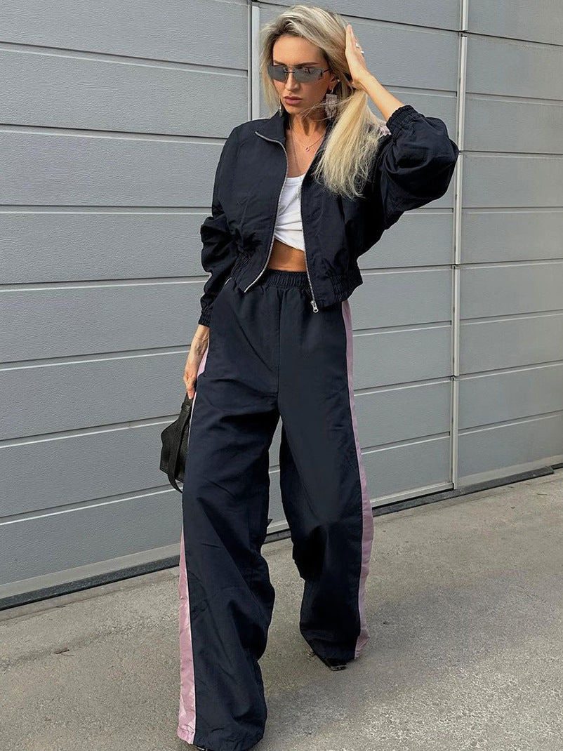 Women American contrast color sports casual jacket trousers Two Piece Set 5