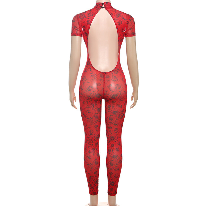 Women summer Women sexy Backless print See-Through Mesh Jumpsuit 17