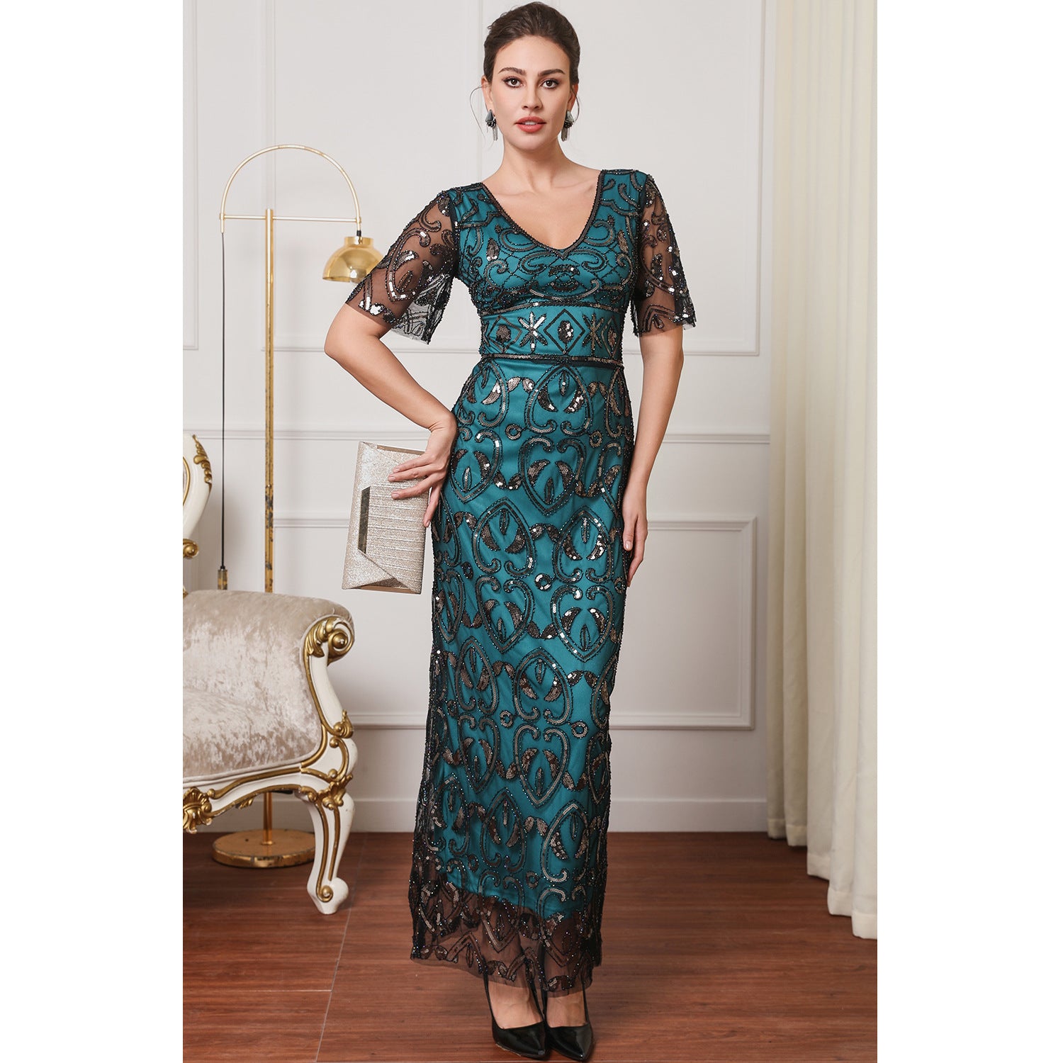 Women Elegant V Neck Sequin Formal Party Mesh Dress 3