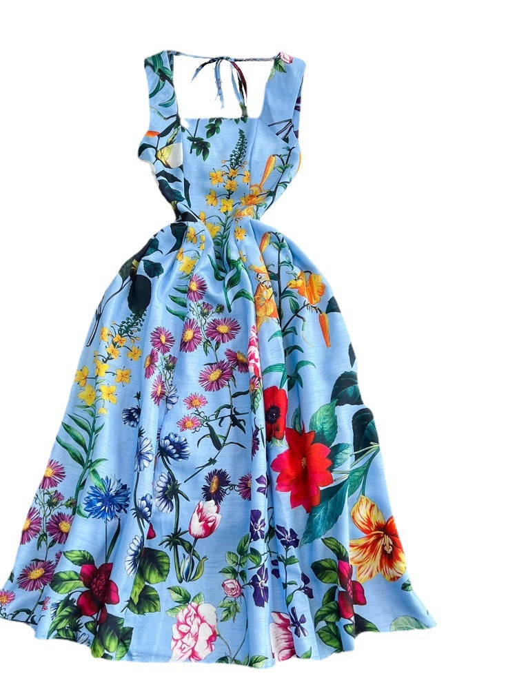 Retro Straps Fashionable Printed Slim Waist A-Line Dress Beach Holidays Long Dress 6
