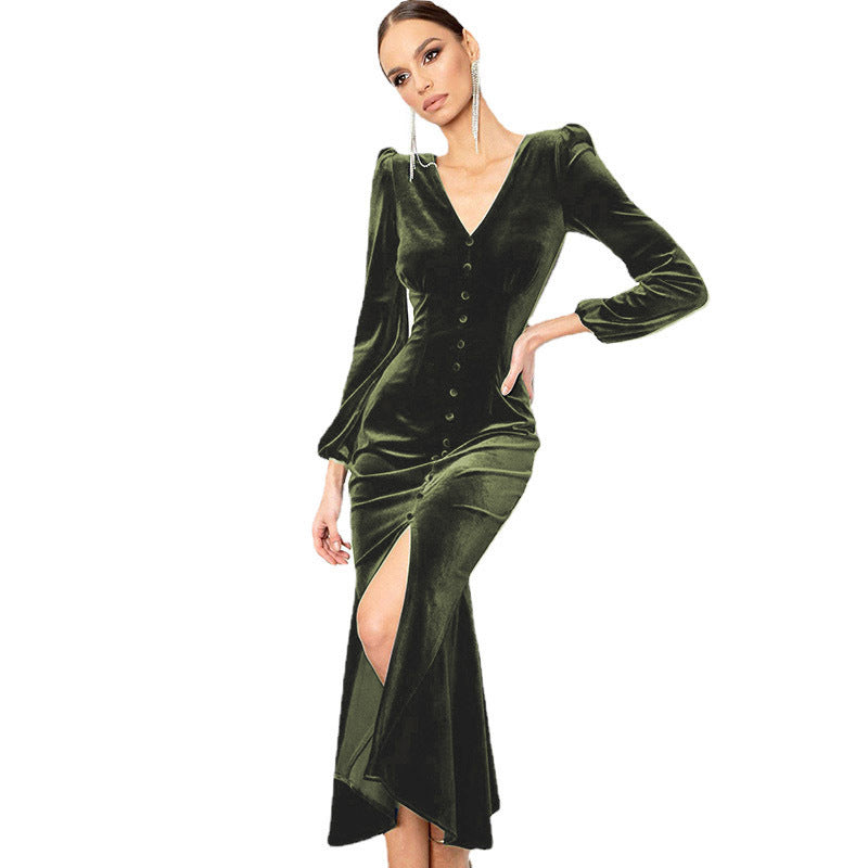 Women Autumn Knittingv Collar Solid Padded Shoulder Long Sleeve Slit Evening Dress 16